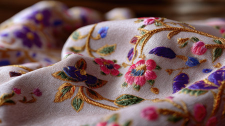 This close-up image captures the beauty of delicate floral embroidery on soft fabric, showcasing vibrant colors and intricate stitching techniques. Perfect for textile design inspiration.の素材