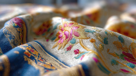 This close-up image showcases a luxurious brocade fabric featuring intricate floral designs and vibrant colors, perfect for textile and fashion usage.の素材