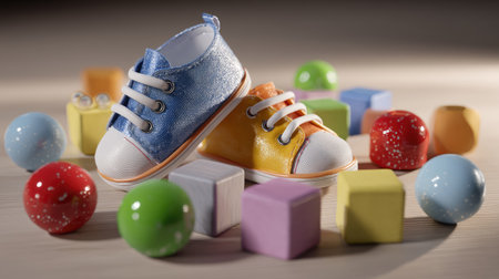 Adorable baby shoes feature bright blue and orange designs set against a playful array of colorful toys, creating a cheerful and captivating scene.の素材
