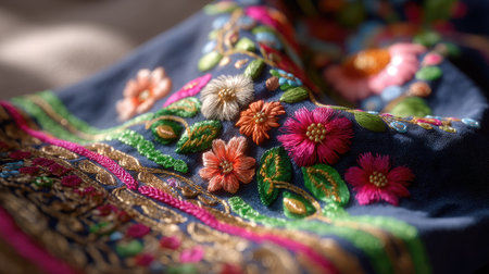 This image showcases a stunning close-up of vibrant floral embroidery on dark fabric, highlighting intricate details and rich colors that enhance any design project.の素材