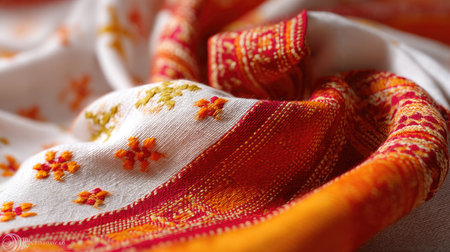 This close-up image showcases a beautifully crafted textile featuring intricate embroidery and vibrant floral patterns in warm tones, perfect for artistic projects.の素材
