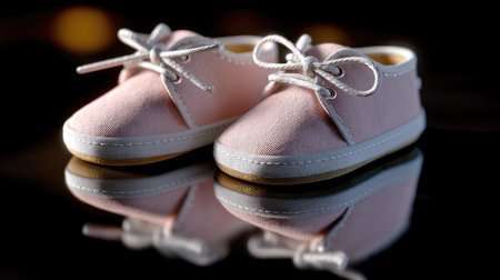 This image features a pair of adorable pink baby shoes showcasing a soft textile finish. The shoes are elegantly positioned on a glossy surface, reflecting soft lighting, making them a perfect addition to newborn photography or fashion concepts.の素材
