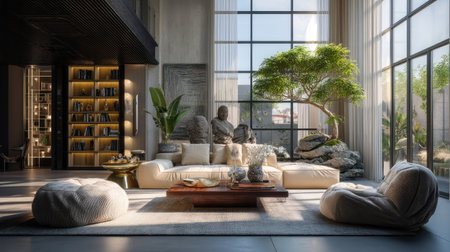 Bright and airy modern living room featuring large windows, stylish furniture, and lush greenery, perfect for creating a serene and inviting atmosphere.の素材