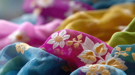 This vibrant silk fabric features exquisite floral embroidery, showcasing intricate craftsmanship and rich colors. Perfect for fashion or decor projects.の素材