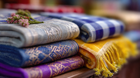 This image showcases a vibrant collection of folded textile fabrics featuring intricate patterns and soft textures, ideal for home decor ideas.の素材