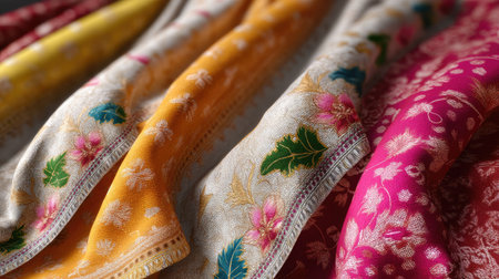 This image showcases vibrant traditional fabric with intricate floral patterns, ideal for crafting or fashion projects. The rich color palette offers a striking visual appeal.の素材