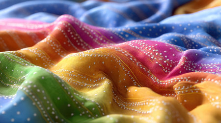 This image showcases a draped fabric with vibrant colors and intricate patterns, creating a soft and elegant look. Perfect for design and textile projects.の素材