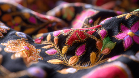 Discover the beauty of vibrant floral embroidery on black fabric, showcasing intricate needlework with colorful threads. A stunning textile design that celebrates craftsmanship.の素材
