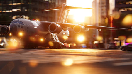 A dramatic scene showcasing an airplane on a bustling city street at sunset. The soft golden light creates a warm atmosphere, emphasizing urban life.の素材