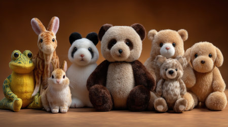 This charming collection showcases an array of plush animal toys, including pandas, rabbits, and frogs, promoting joy and comfort for children.の素材