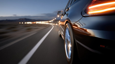 A stunning close-up of a car in motion on an open road at dusk, showcasing dynamic movement and blurred lights, evoking feelings of freedom and adventure.の素材