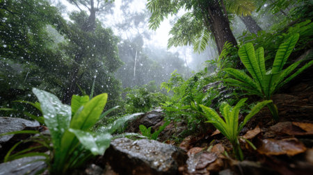 A captivating view of a lush green forest captured during rainfall, showcasing vibrant ferns and the refreshing beauty of nature.の素材