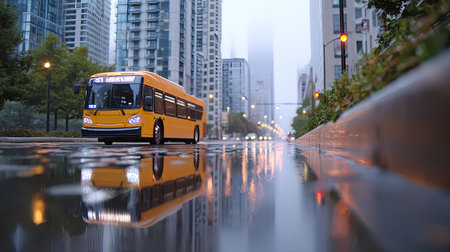 A vibrant yellow city bus stands out against a wet street, reflecting modern skyscrapers in a misty urban setting, evoking a serene yet dynamic atmosphere.の素材