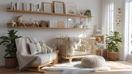 This beautiful nursery design features a cozy and modern layout with natural decor, soft textures, and inviting colors, perfect for creating a serene environment.の素材
