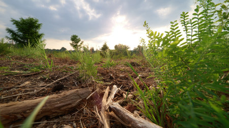 This image showcases a tranquil landscape featuring vibrant green ferns and soft sunlight filtering through the clouds, illustrating the beauty of nature.の素材