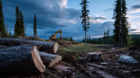 A serene logging scene captures machinery working amidst a tranquil forest landscape at dusk, surrounded by towering pine trees and dramatic skies.の素材