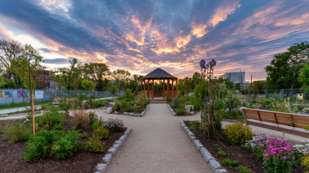 A peaceful garden scene showcasing a wooden gazebo surrounded by vibrant flowers and lush greenery under a stunning sunset sky, perfect for relaxation.の素材