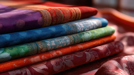 A captivating arrangement of colorful textiles with intricate patterns, beautifully folded and displayed in natural light, creating an elegant atmosphere.の素材