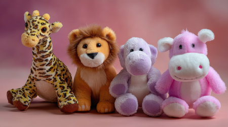 This charming image features a delightful collection of plush toys including a giraffe, lion, monkey, and hippo, perfect for inspiring joy in children.の素材