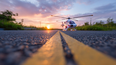 A stunning helicopter parked on a deserted asphalt road during a captivating sunset. The vibrant sky enhances the tranquil atmosphere and scenic beauty.の素材