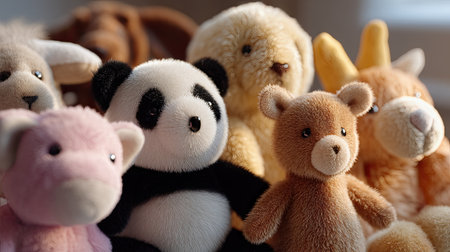 A charming collection of various plush animals featuring a panda, bear, sheep, and goat, showcasing the soft textures and vibrant colors perfect for children's decor or gifting.の素材