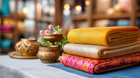 A captivating arrangement of vibrant textiles with elegant decor elements set in a cozy marketplace. The scene features traditional handcrafted items, highlighting cultural richness and aesthetic beauty.の素材
