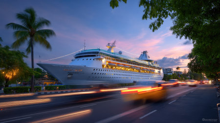 A stunning view of a cruise ship docked near the shore at sunset. The vibrant colors of the sky reflect on the water, surrounded by lush palm trees.の素材