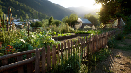 This tranquil image captures a vibrant vegetable garden at sunset, showcasing lush greenery, a rustic wooden fence, and a peaceful rural landscape filled with nature's beauty.の素材
