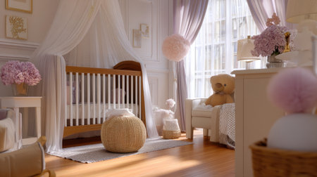 This beautifully designed baby nursery features a cozy crib, plush teddy bear, and elegant decor, creating a peaceful and serene atmosphere perfect for relaxation.の素材