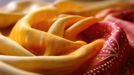 A stunning close-up of vibrant fabric showcasing soft textures in shades of orange and red, perfect for fashion enthusiasts or interior design projects.の素材