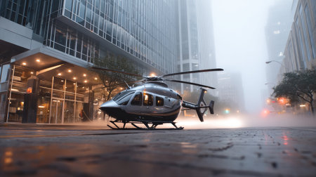 A sleek helicopter sits on an empty city street surrounded by fog, showcasing a modern urban landscape with skyscrapers in the background.の素材