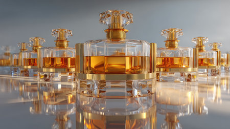 This stunning image showcases an elegant collection of luxurious perfume bottles, featuring glimmering gold accents and warm amber liquid, perfect for beauty or luxury themes.の素材