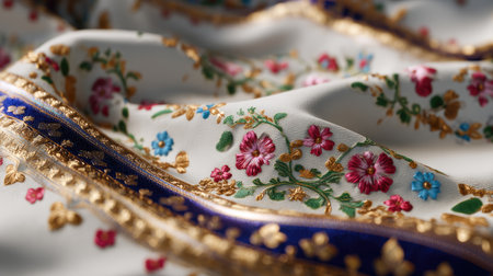 This stunning textile features delicate floral embroidery in vibrant colors adorned with rich decorative borders, perfect for showcasing exquisite craftsmanship and artistry.の素材