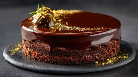 This exquisite chocolate cake features a glossy ganache topping and decorative elements, perfect for food photography and culinary showcases.の素材