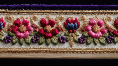 This image showcases a stunning close-up of vibrant floral embroidery on fabric, highlighting intricate designs and rich textures for textile enthusiasts.の素材