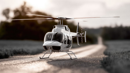 A sleek helicopter rests on a scenic road, surrounded by natural beauty under soft lighting, showcasing modern design and aviation technology.の素材