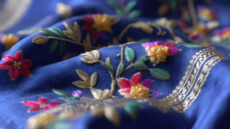 A stunning close-up view of vibrant blue fabric showcasing exquisite floral embroidery with intricate gold detailing, capturing the beauty of textile art.の素材