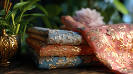 This captivating image features elegantly folded textiles showcasing intricate floral patterns in soft colors, beautifully illuminated by natural light.の素材