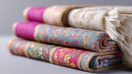 This image features three beautifully rolled fabrics showcasing intricate floral patterns and elegant fringes, perfect for home decor or fashion projects.の素材