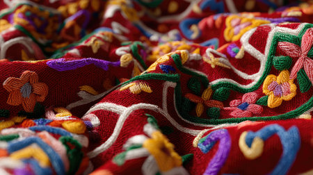 This close-up image showcases intricate embroidery on a rich red fabric featuring vibrant floral patterns, highlighting exquisite craftsmanship and texture.の素材