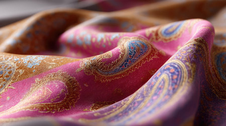 This stunning fabric features a vibrant paisley pattern in rich colors, showcasing a smooth texture perfect for fashion and home decor applications.の素材