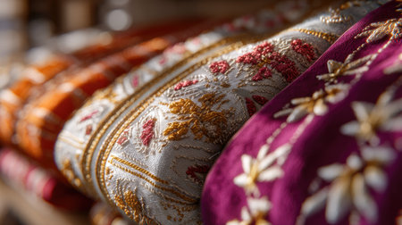 Explore the charm of exquisite textiles adorned with intricate embroidery and vibrant colors, perfect for inspiring creativity in various craft projects.の素材