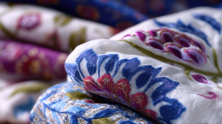 Close-up view of layered textiles featuring intricate floral designs in vibrant colors. Ideal for textile design inspiration and showcasing craftsmanship.の素材