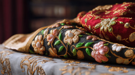 This stunning image features beautifully embroidered fabrics with floral patterns resting on an antique tablecloth, showcasing exquisite craftsmanship and vibrant colors, perfect for home decor or fashion inspiration.の素材