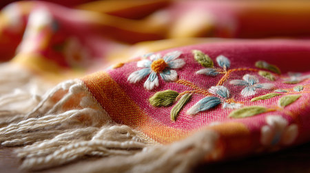 This image showcases a vibrant, intricately embroidered fabric featuring floral designs. The close-up captures the soft texture and vivid colors, perfect for highlighting artistry in textiles.の素材