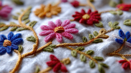 Close-up of vibrant floral embroidery on fabric, featuring intricate stitch work and colorful threads that create a beautiful design for decoration.の素材