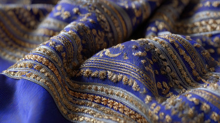 This stunning close-up showcases a beautifully embroidered fabric featuring intricate gold and blue designs, perfect for fashion, crafts, and home decor projects.の素材