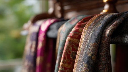 A stunning close-up of colorful fabrics hanging elegantly, showcasing intricate patterns and textures, perfect for artistic and textile applications.の素材