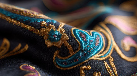 This stunning close-up showcases a detailed embroidery on luxurious fabric, highlighting the vibrant colors and intricate patterns, perfect for textile-inspired projects.の素材