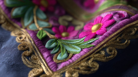 Close-up view of intricate floral embroidery showcasing vibrant colors and detailed craftsmanship on fabric, highlighting the beauty of handmade art.の素材